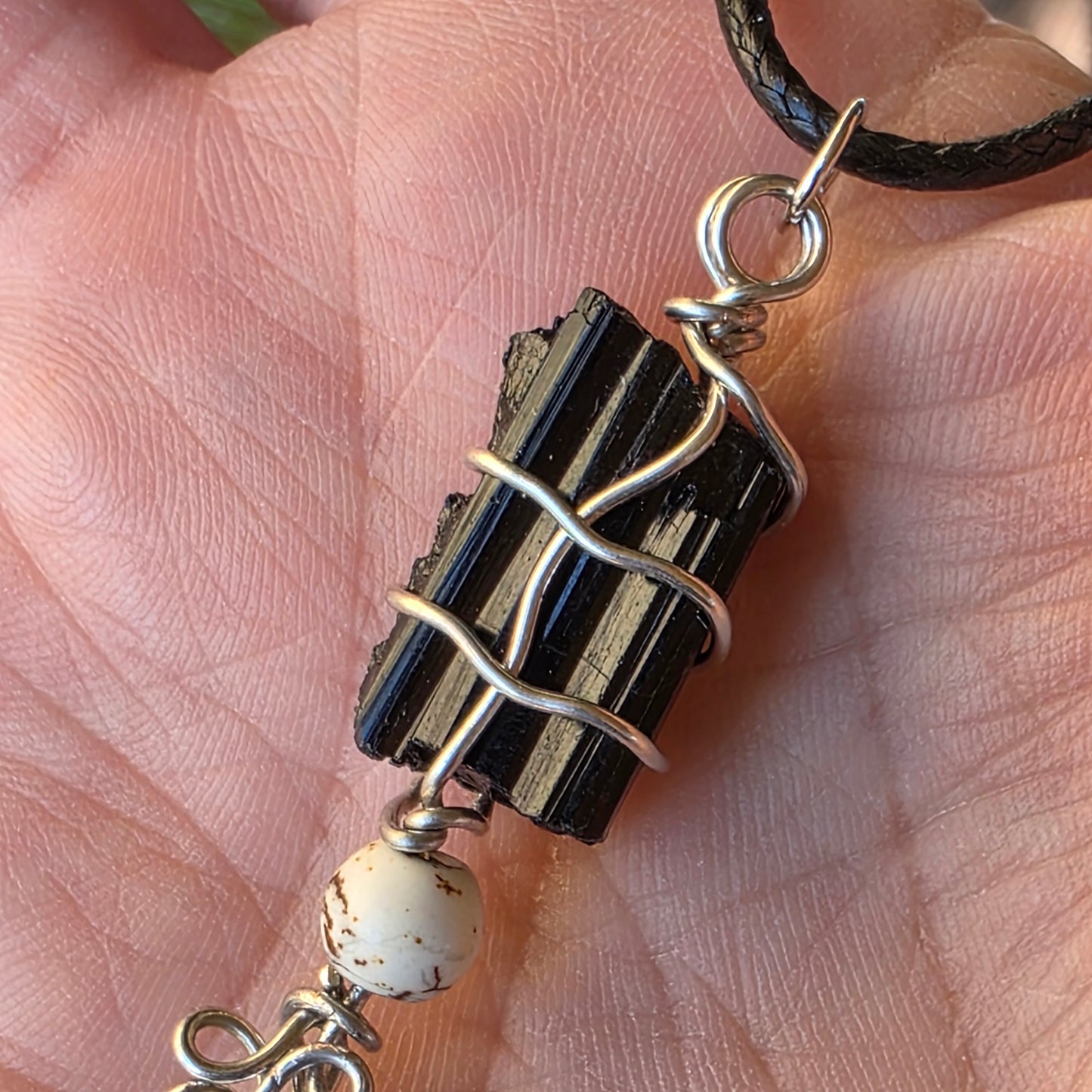 Raw Black Tourmaline Necklace with Skull Charm: Wire Wrapped Schorl Goth Emo Pendant