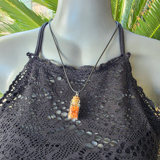 Wulfenite in Glass Jar Necklace | Raw Stones | Rock Pendant | Arizona Rockhound Geology Gift