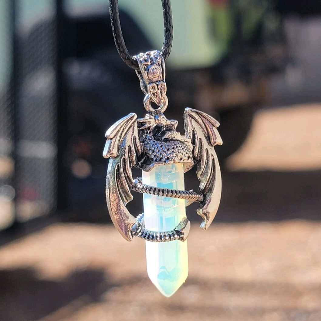 Opalite Dragon Necklace - Unisex Gemstone Glass Pendant - Whimsical Gothic Style Jewelry