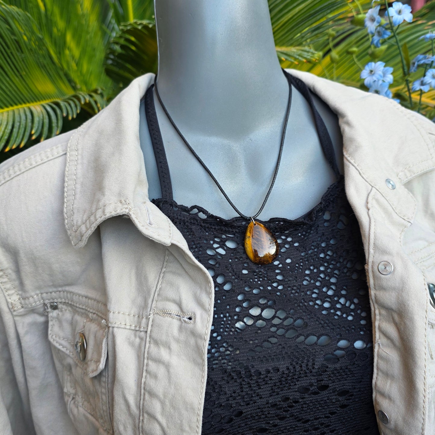 Tiger's Eye Rock Necklace, Shiny Teardrop Shaped Crystal Pendant, Carved Gemstone Gift