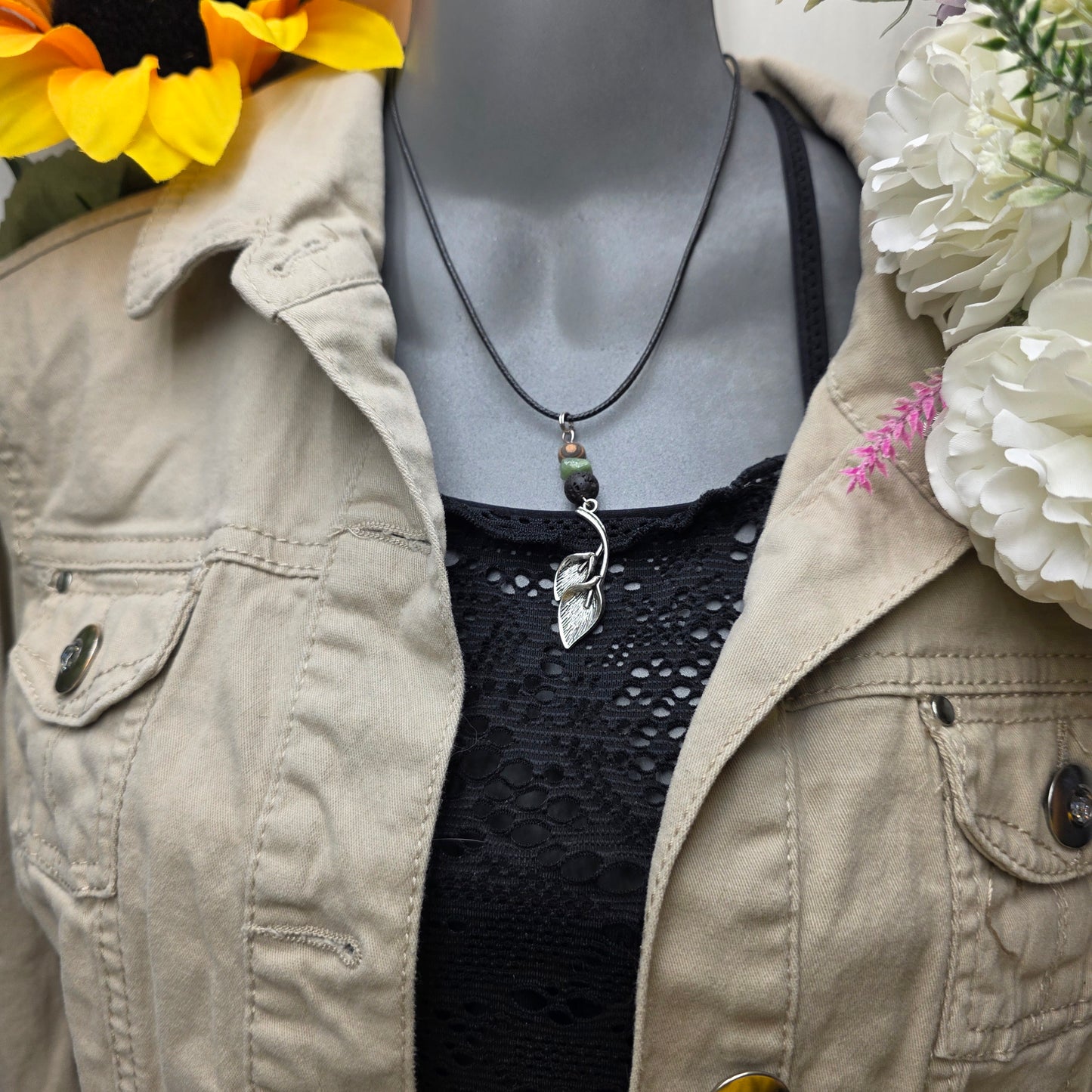 Plant Necklace | Metal Leaf Charm Pendant with Beads | Adventure Jewelry for Nature Lovers