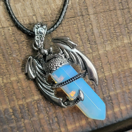 Opalite Dragon Necklace - Unisex Gemstone Glass Pendant - Whimsical Gothic Style Jewelry