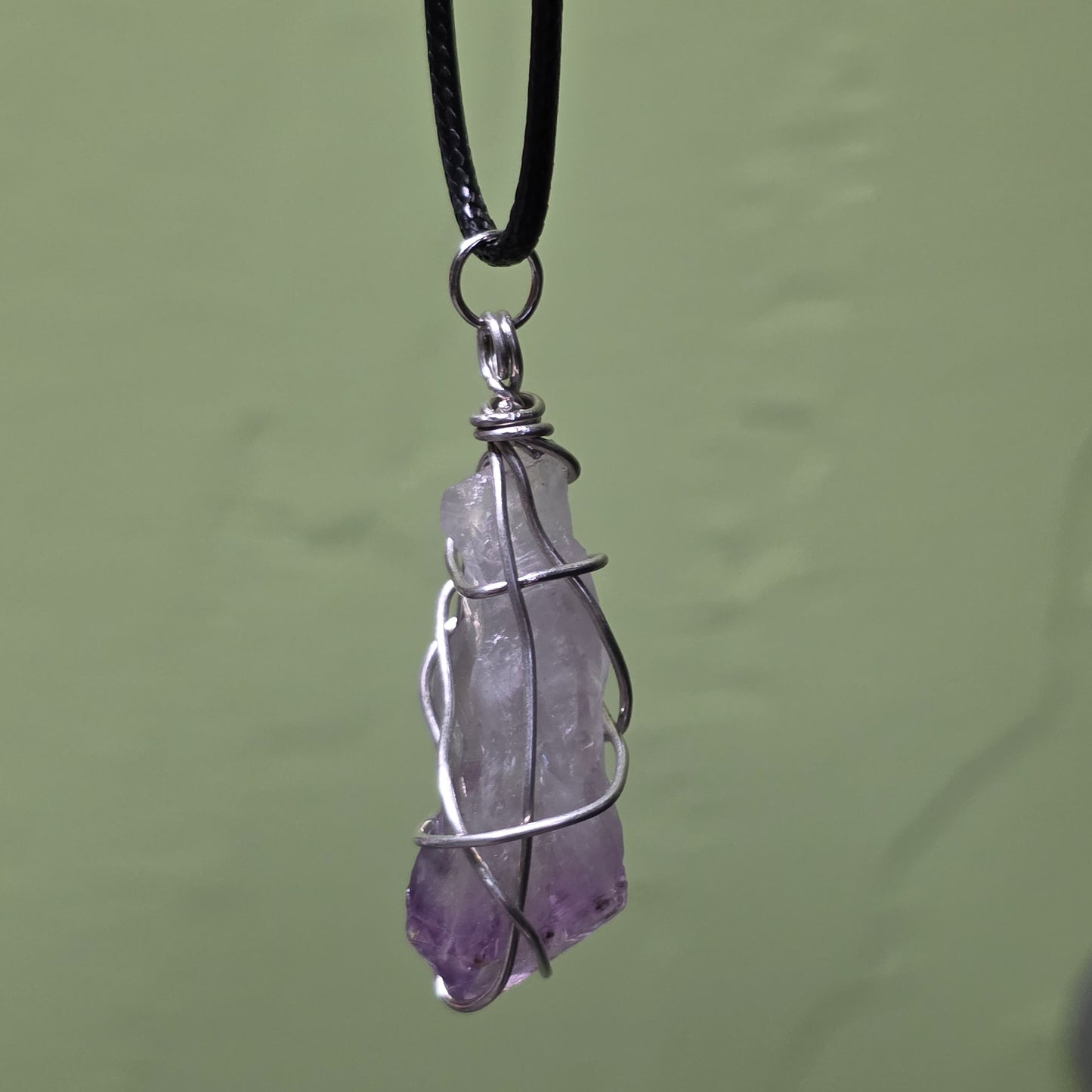 Amethyst Necklace, Crystal Stone Wire Wrapped Pendant with Black Cord, Rough Purple Quartz Rock Jewelry