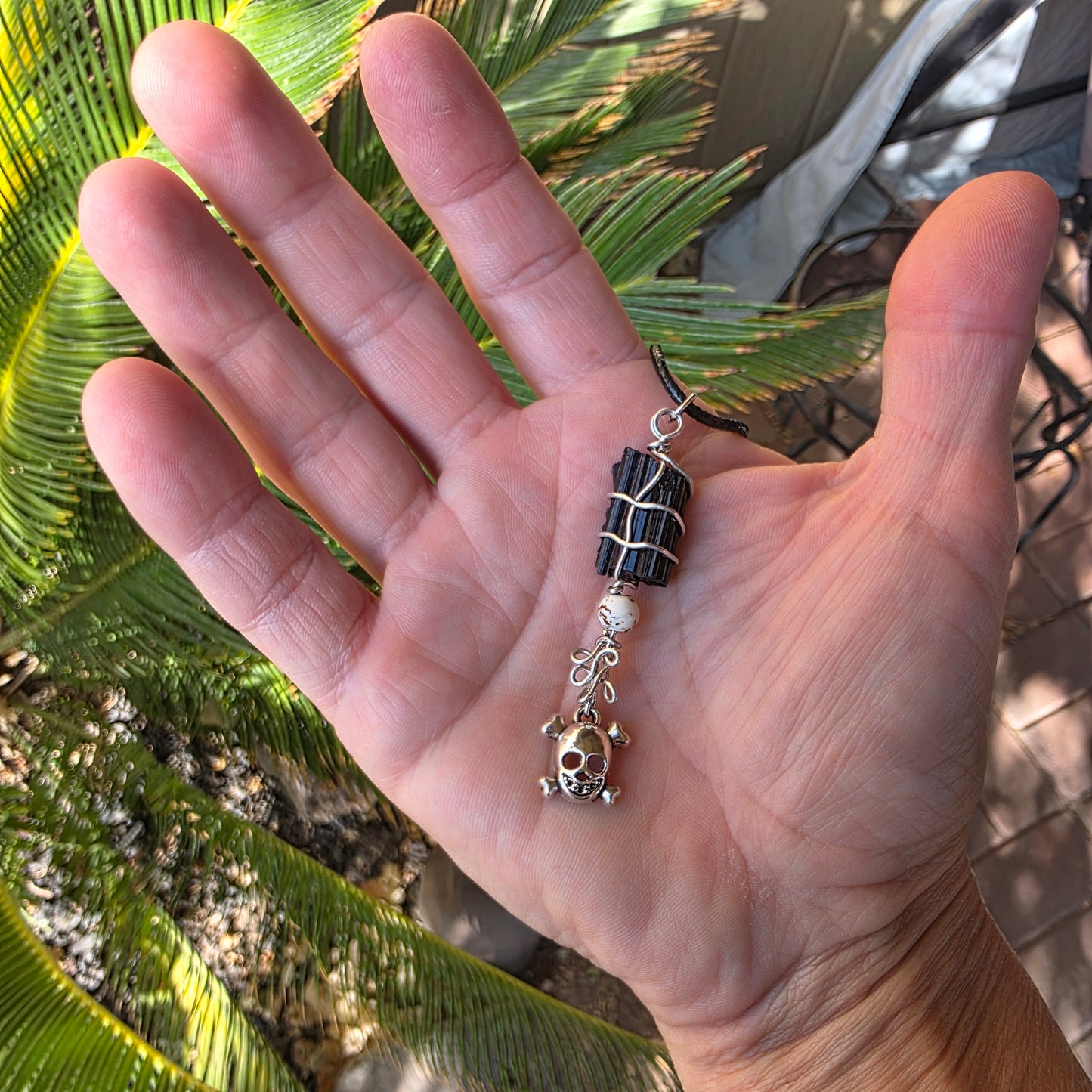 Raw Black Tourmaline Necklace with Skull Charm: Wire Wrapped Schorl Goth Emo Pendant