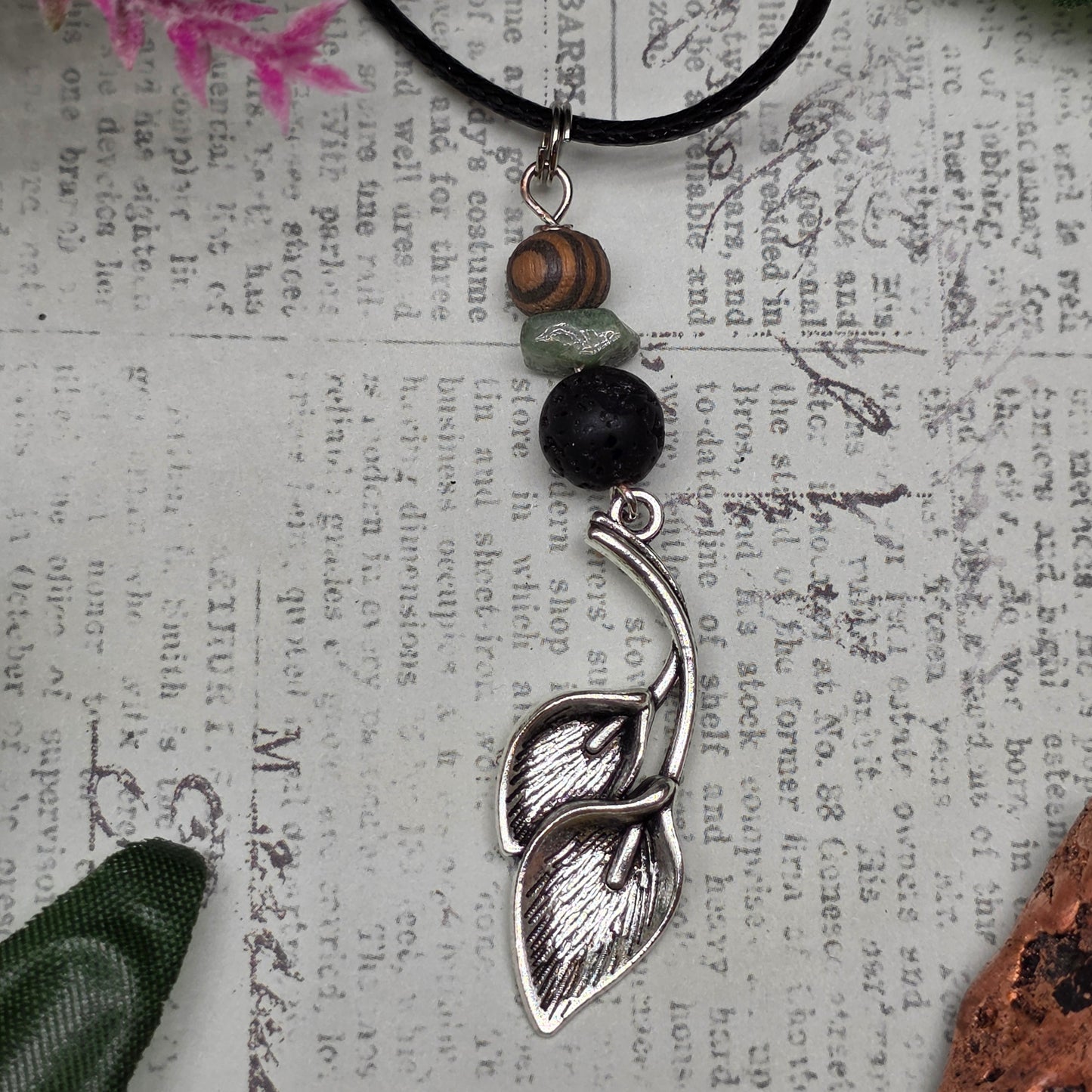 Plant Necklace | Metal Leaf Charm Pendant with Beads | Adventure Jewelry for Nature Lovers