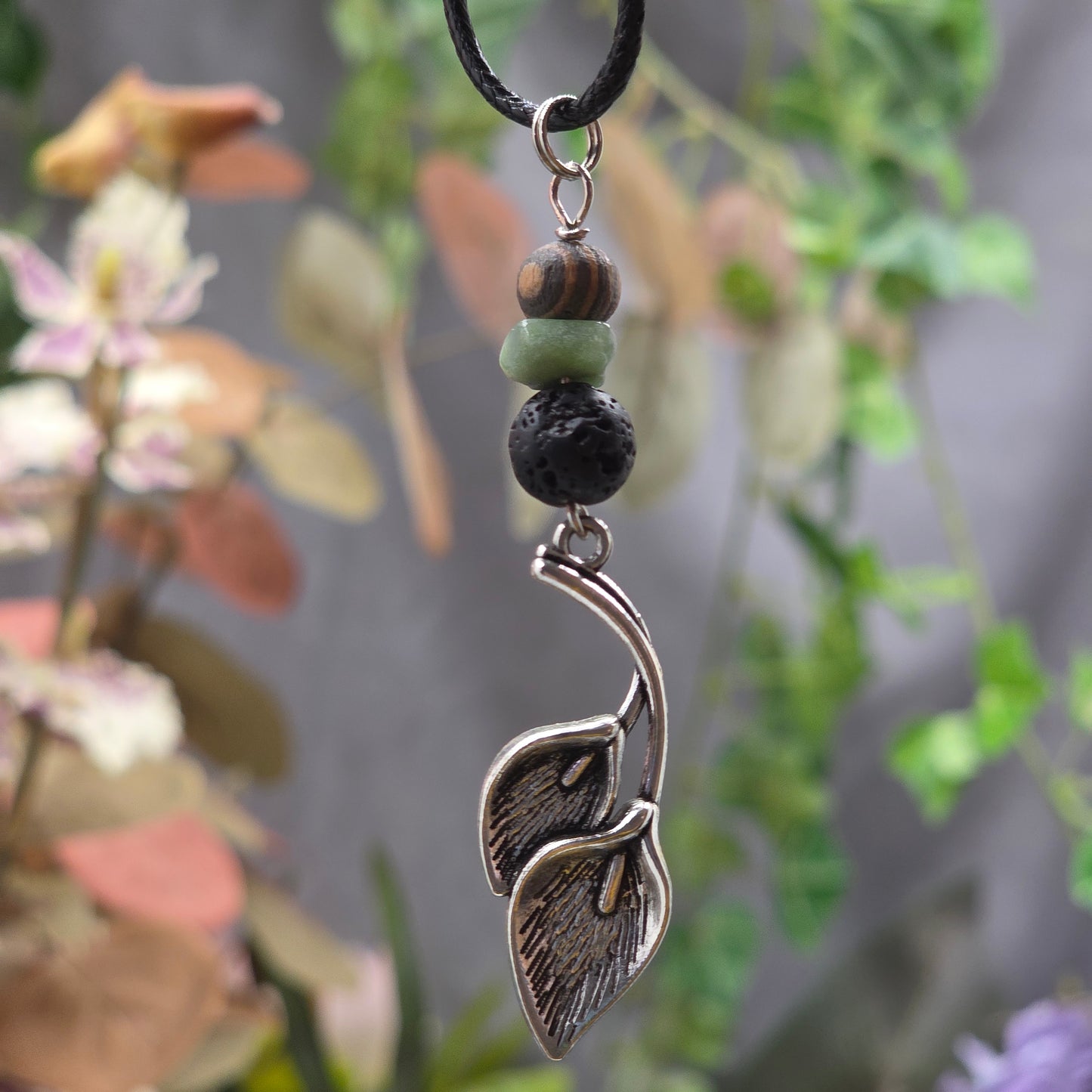 Plant Necklace | Metal Leaf Charm Pendant with Beads | Adventure Jewelry for Nature Lovers