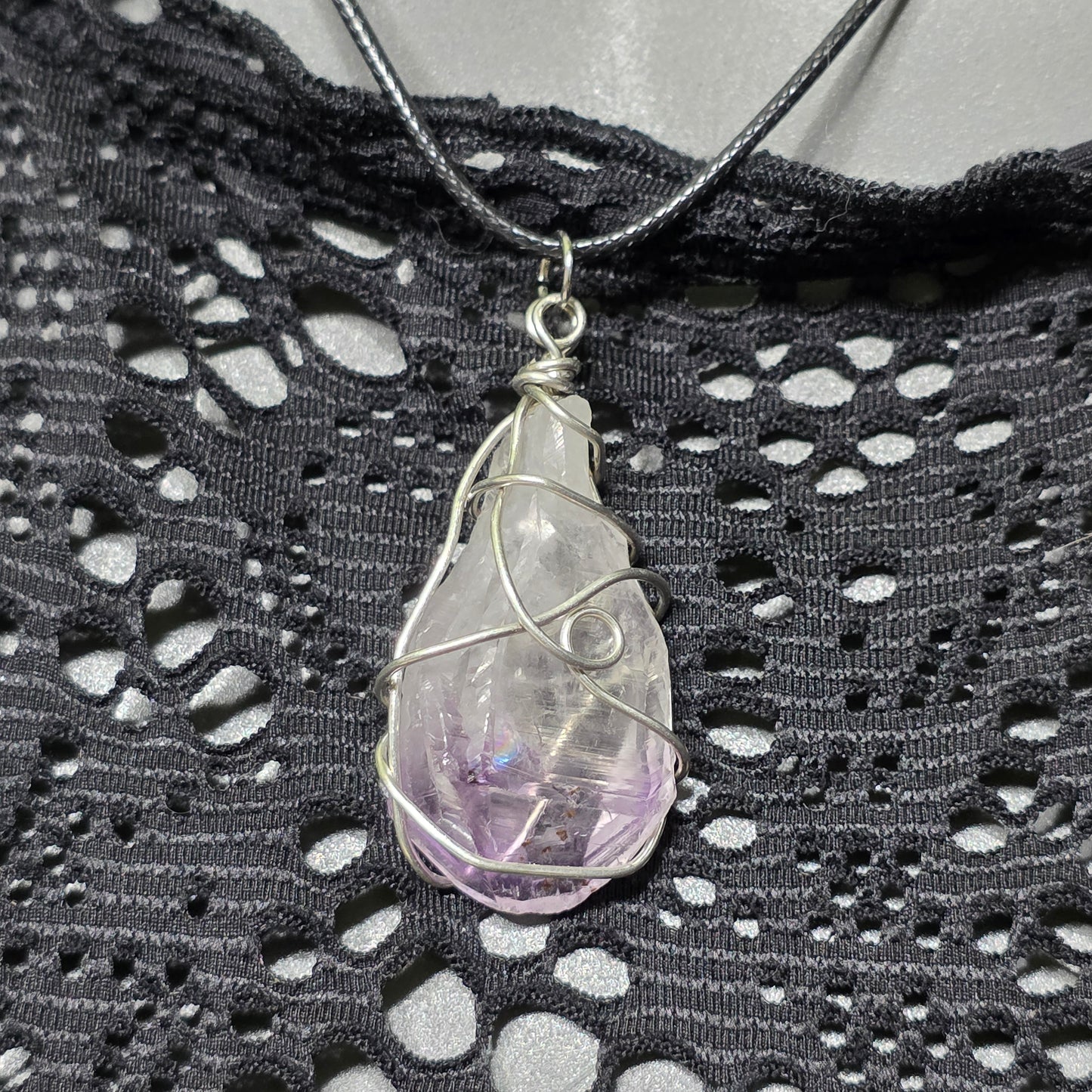 Amethyst Necklace, Crystal Stone Wire Wrapped Pendant with Black Cord, Rough Purple Quartz Rock Jewelry