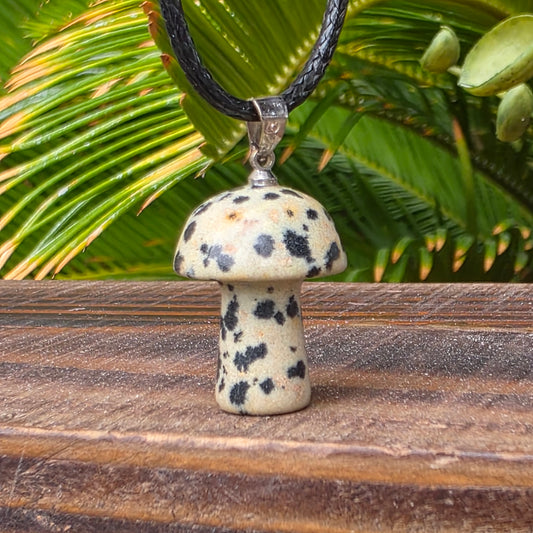 Dalmatian Jasper Mushroom Necklace - Gemstone Carved Rock Pendant - Whimsical Cottagecore Style Jewelry