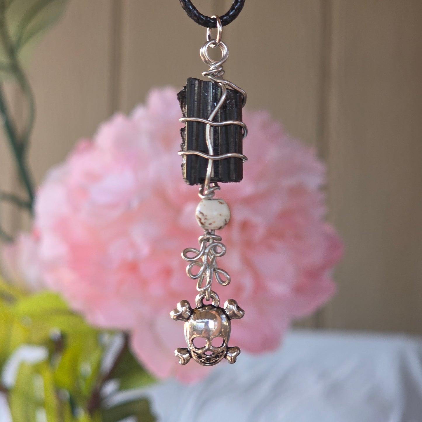 Raw Black Tourmaline Necklace with Skull Charm: Wire Wrapped Schorl Goth Emo Pendant