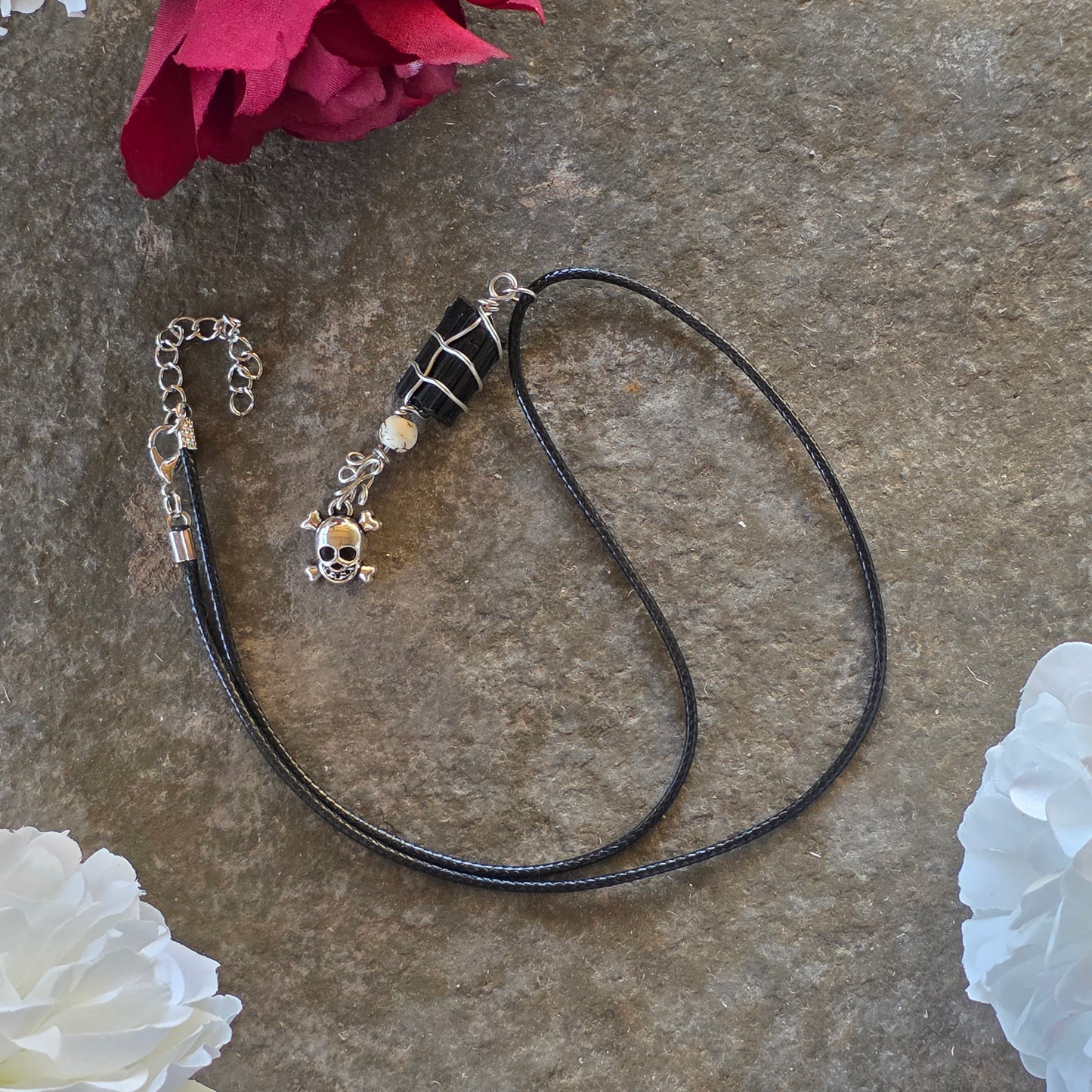 Raw Black Tourmaline Necklace with Skull Charm: Wire Wrapped Schorl Goth Emo Pendant