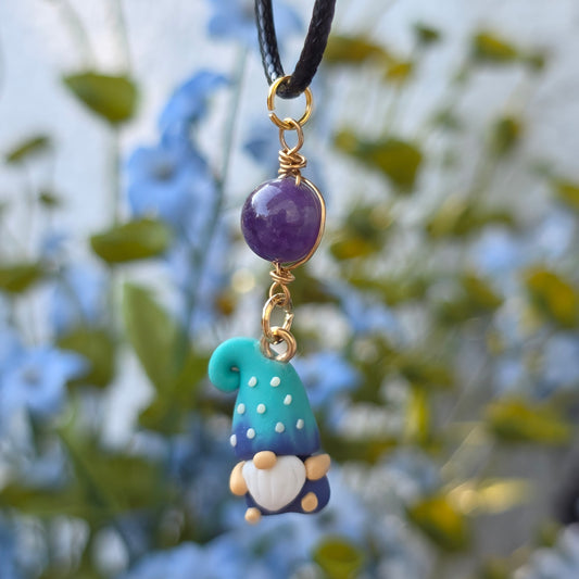 Cute Gnome Necklace with Amethyst Orb, Wire Wrapped Pendant with Black Cord, Cottagecore Jewelry