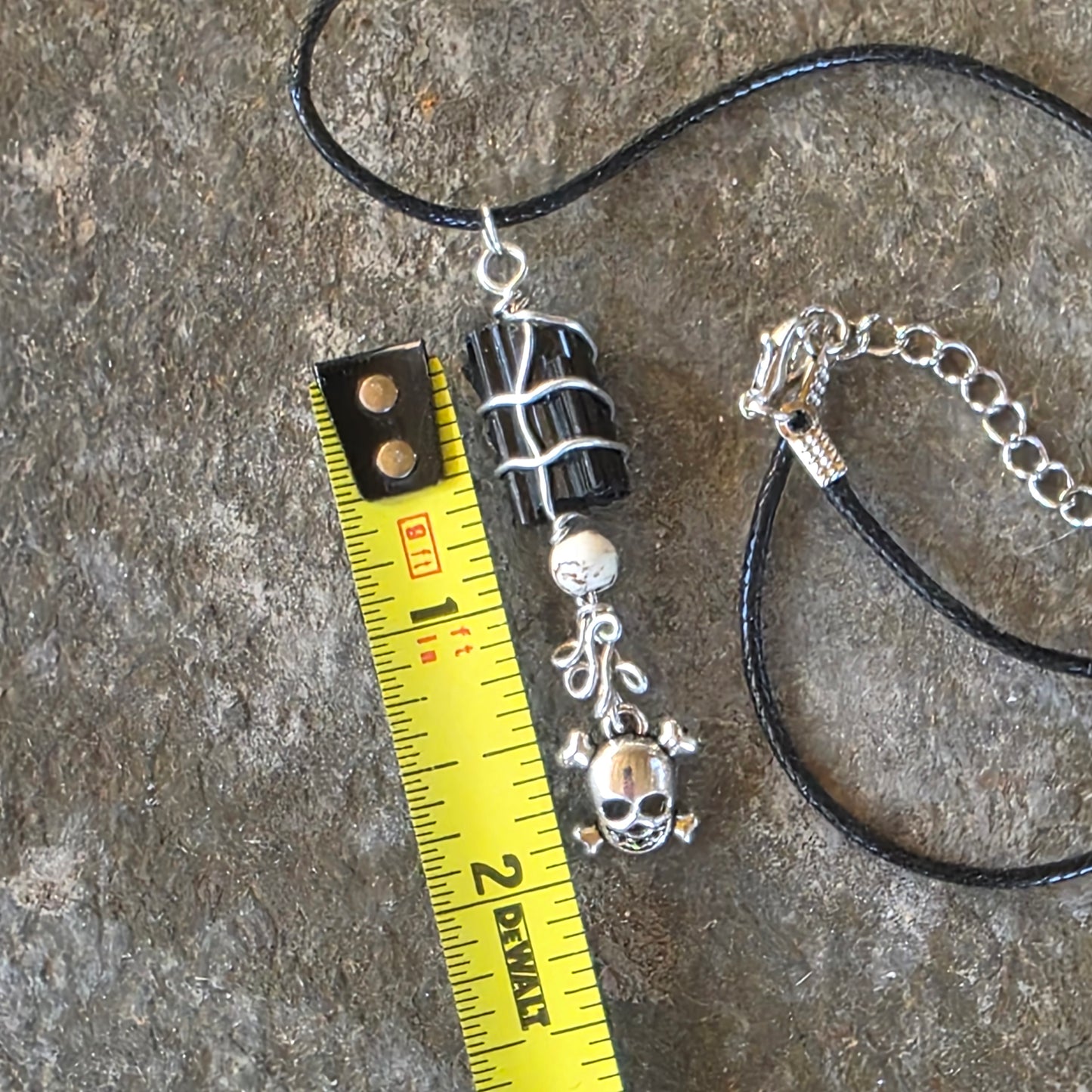 Raw Black Tourmaline Necklace with Skull Charm: Wire Wrapped Schorl Goth Emo Pendant