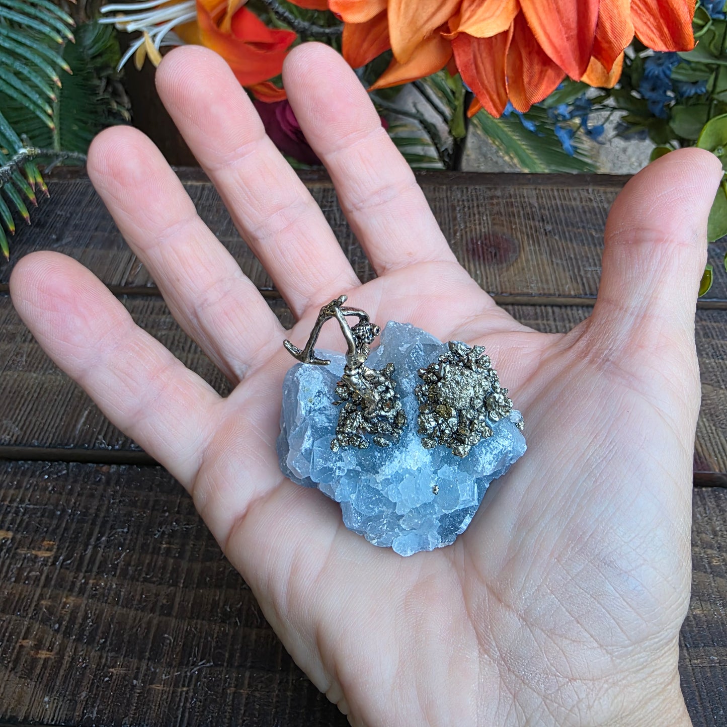 Pewter Miner Pyrite Blue Calcite Rock Specimen | Geology Gift, Rockhound Collector Item