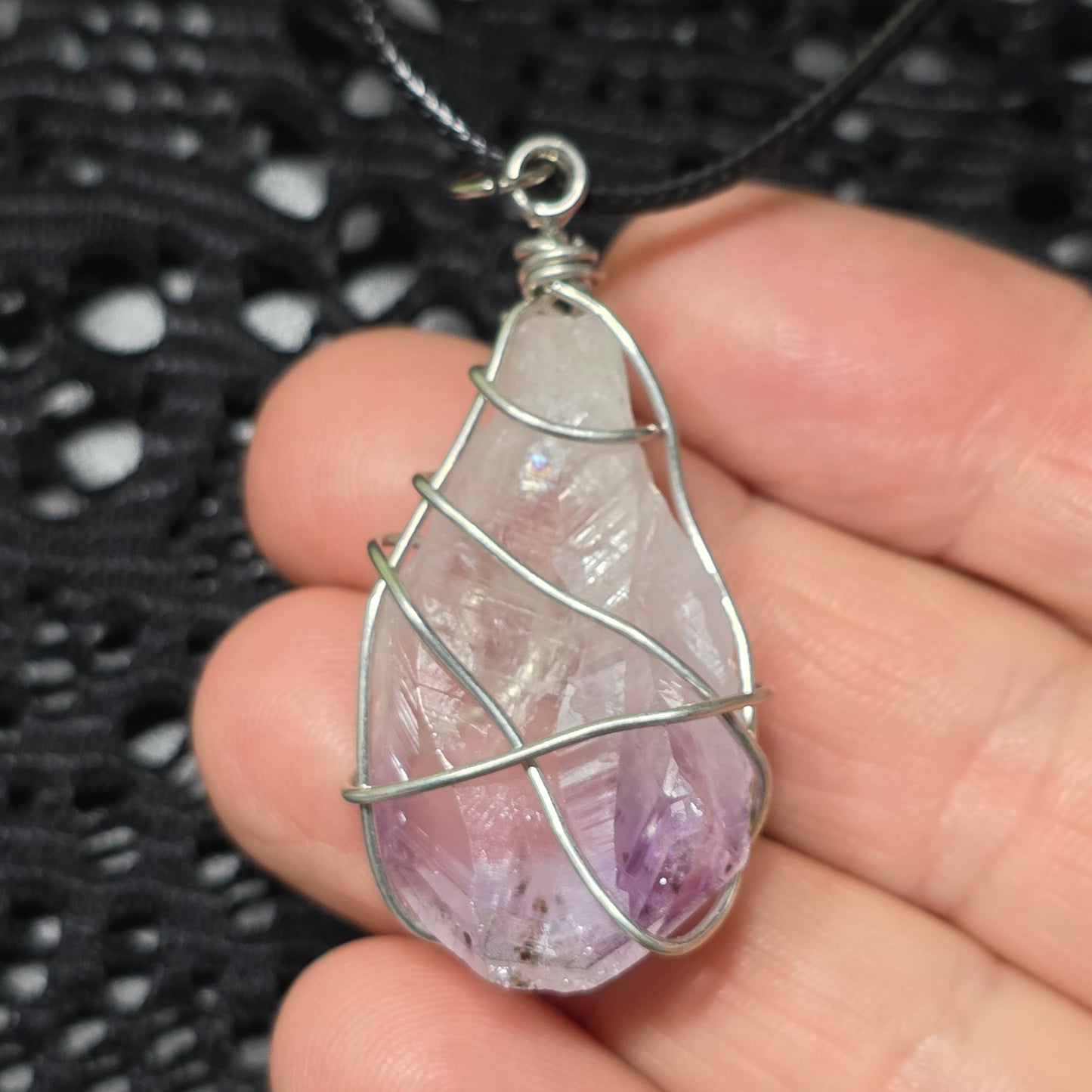 Amethyst Necklace, Crystal Stone Wire Wrapped Pendant with Black Cord, Rough Purple Quartz Rock Jewelry