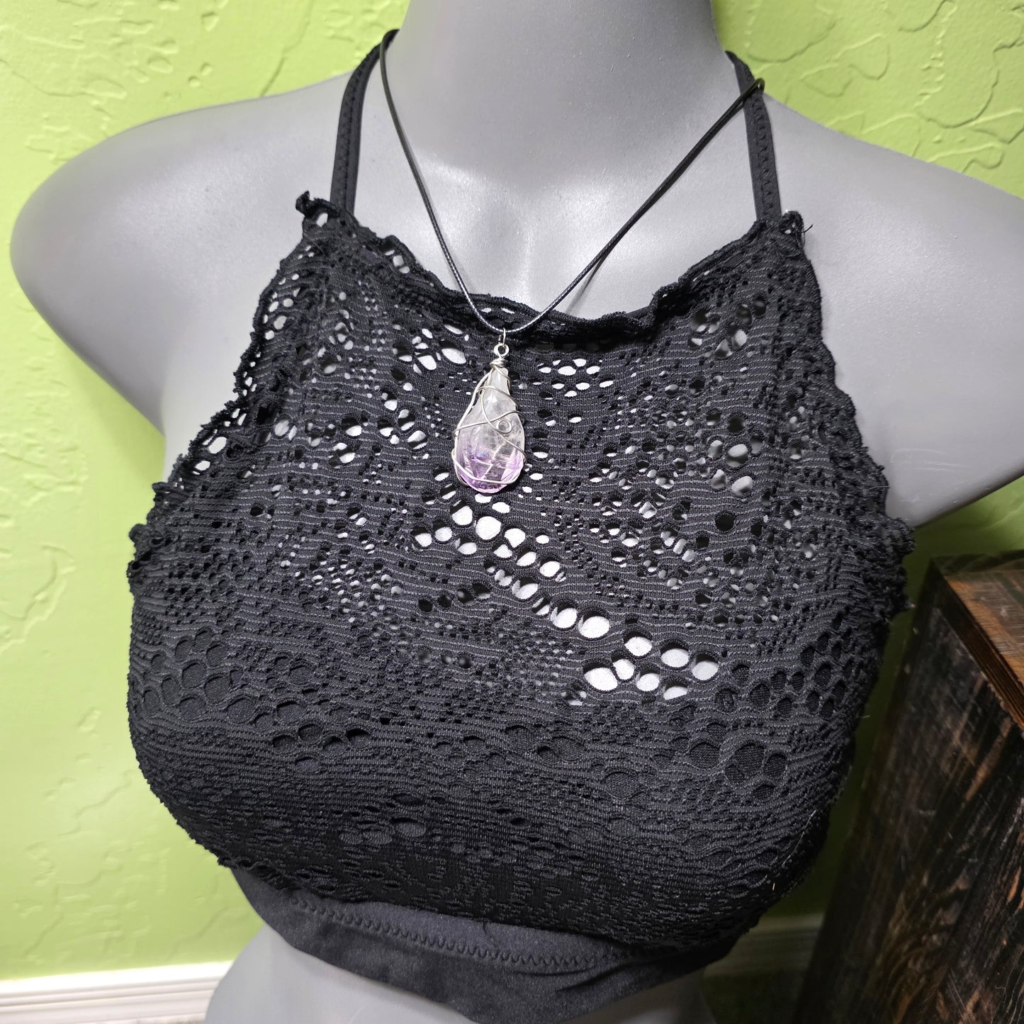 Amethyst Necklace, Crystal Stone Wire Wrapped Pendant with Black Cord, Rough Purple Quartz Rock Jewelry