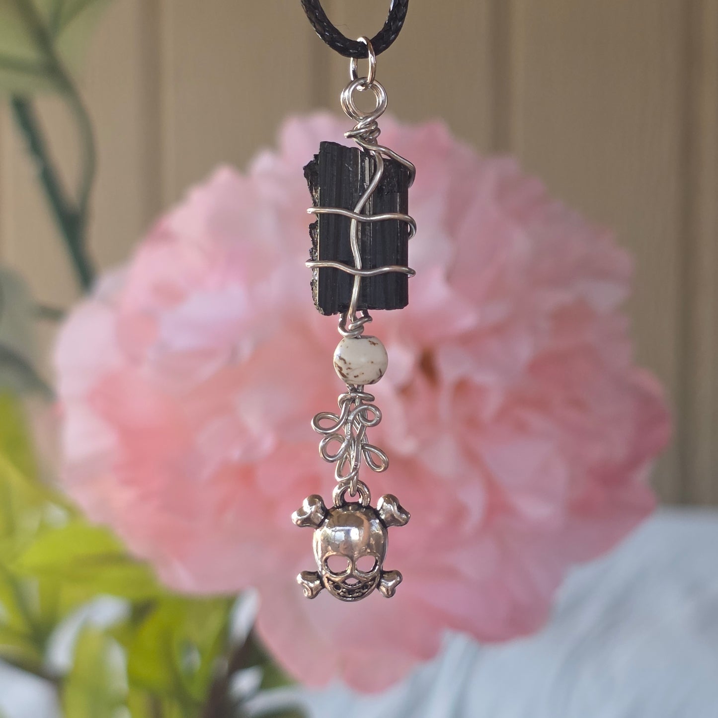 Raw Black Tourmaline Necklace with Skull Charm: Wire Wrapped Schorl Goth Emo Pendant