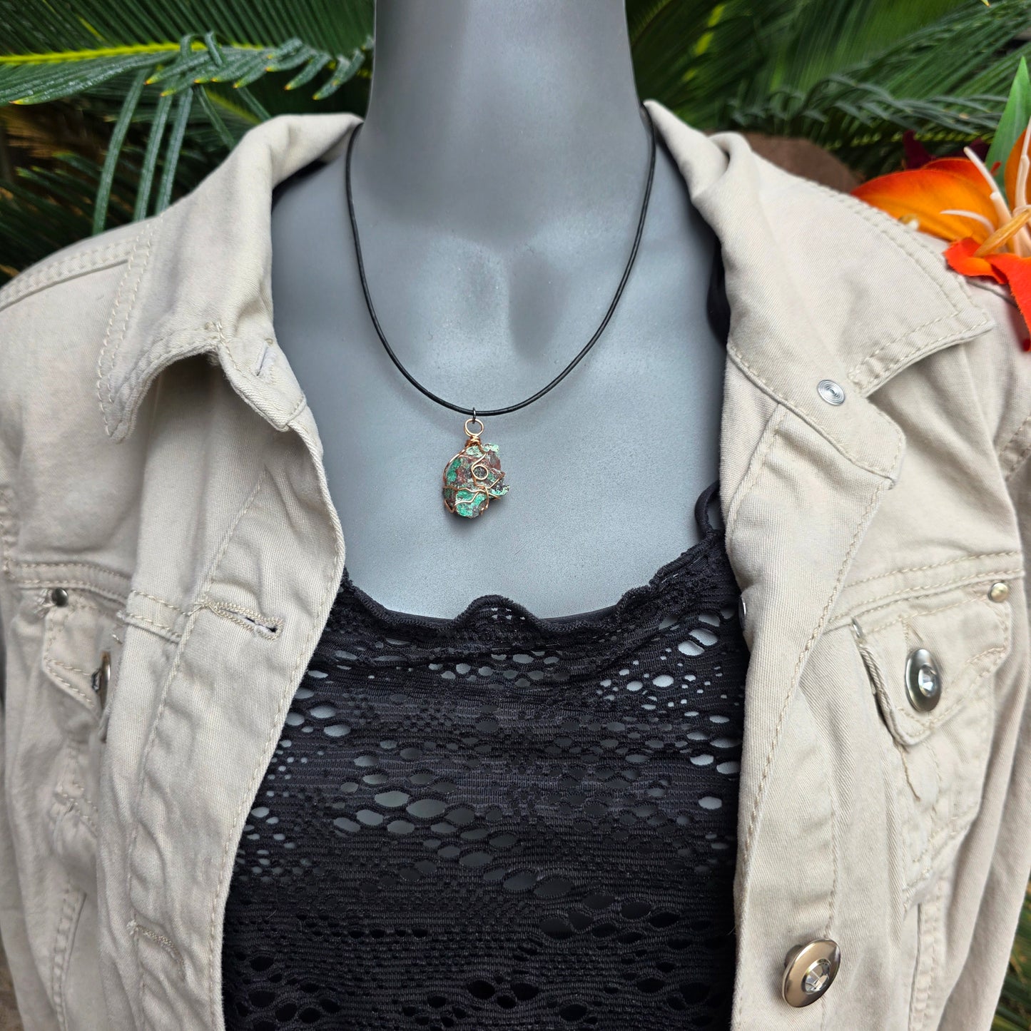 Wire Wrapped Copper Ore Necklace | Natural Malachite Stone Pendant, Arizona Geology Gift