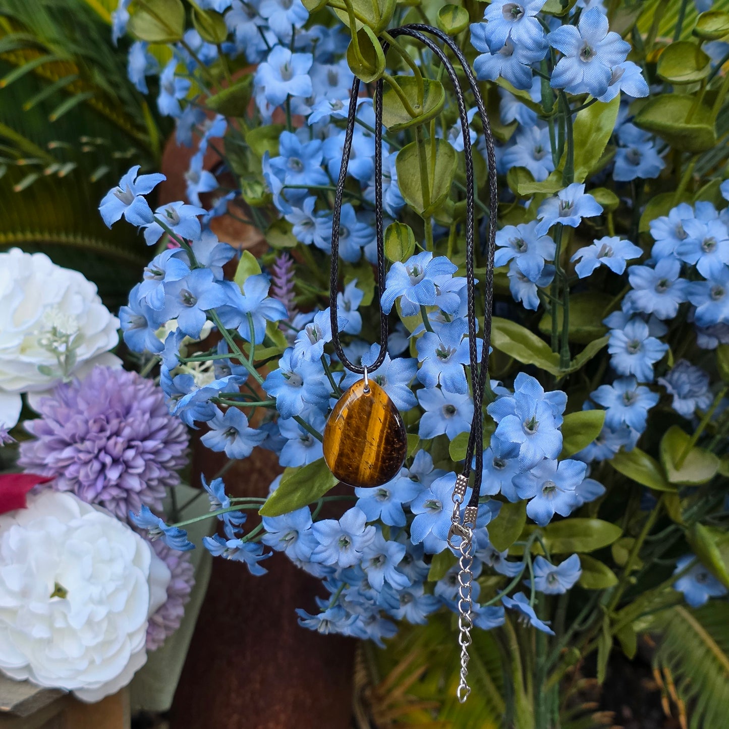 Tiger's Eye Rock Necklace, Shiny Teardrop Shaped Crystal Pendant, Carved Gemstone Gift
