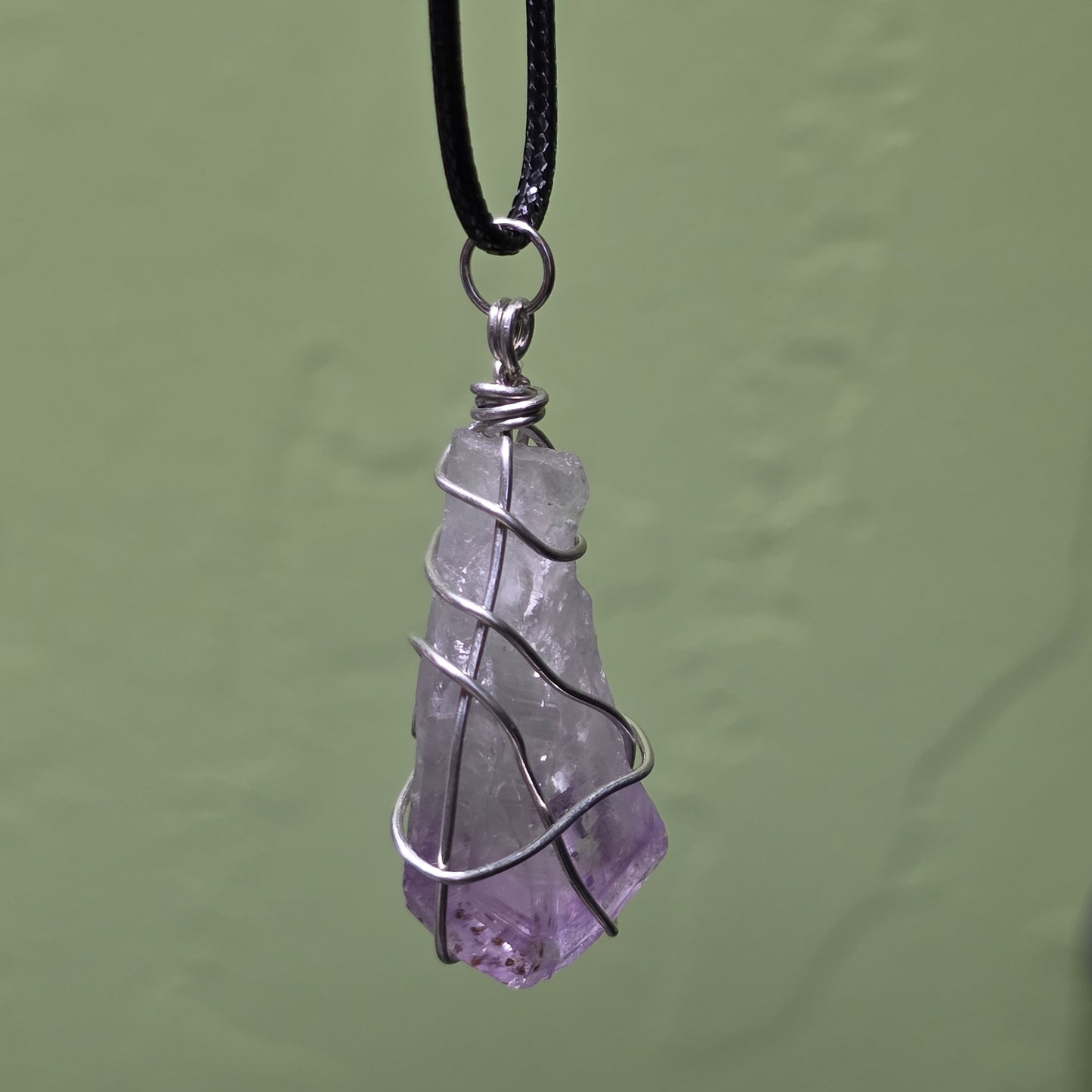 Amethyst Necklace, Crystal Stone Wire Wrapped Pendant with Black Cord, Rough Purple Quartz Rock Jewelry