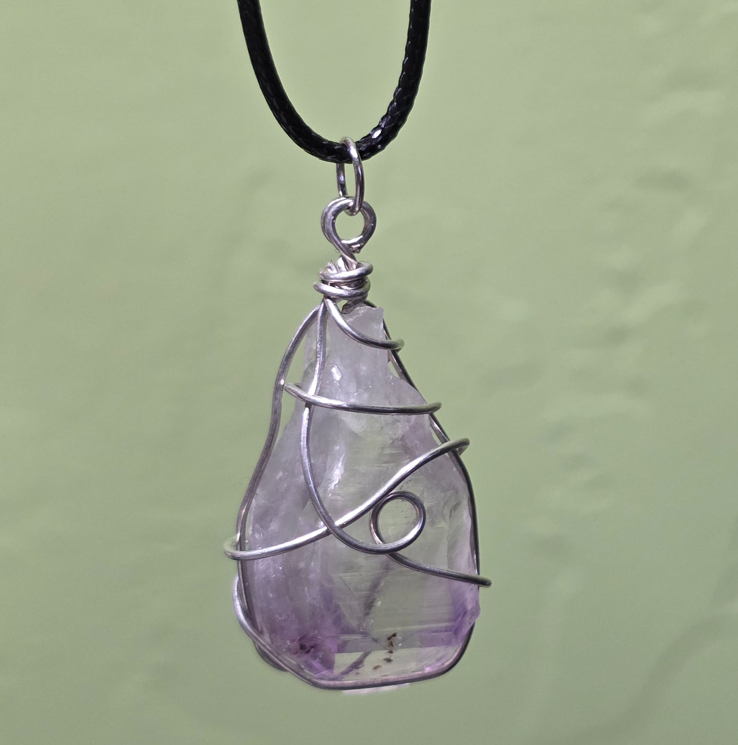 Amethyst Necklace, Crystal Stone Wire Wrapped Pendant with Black Cord, Rough Purple Quartz Rock Jewelry