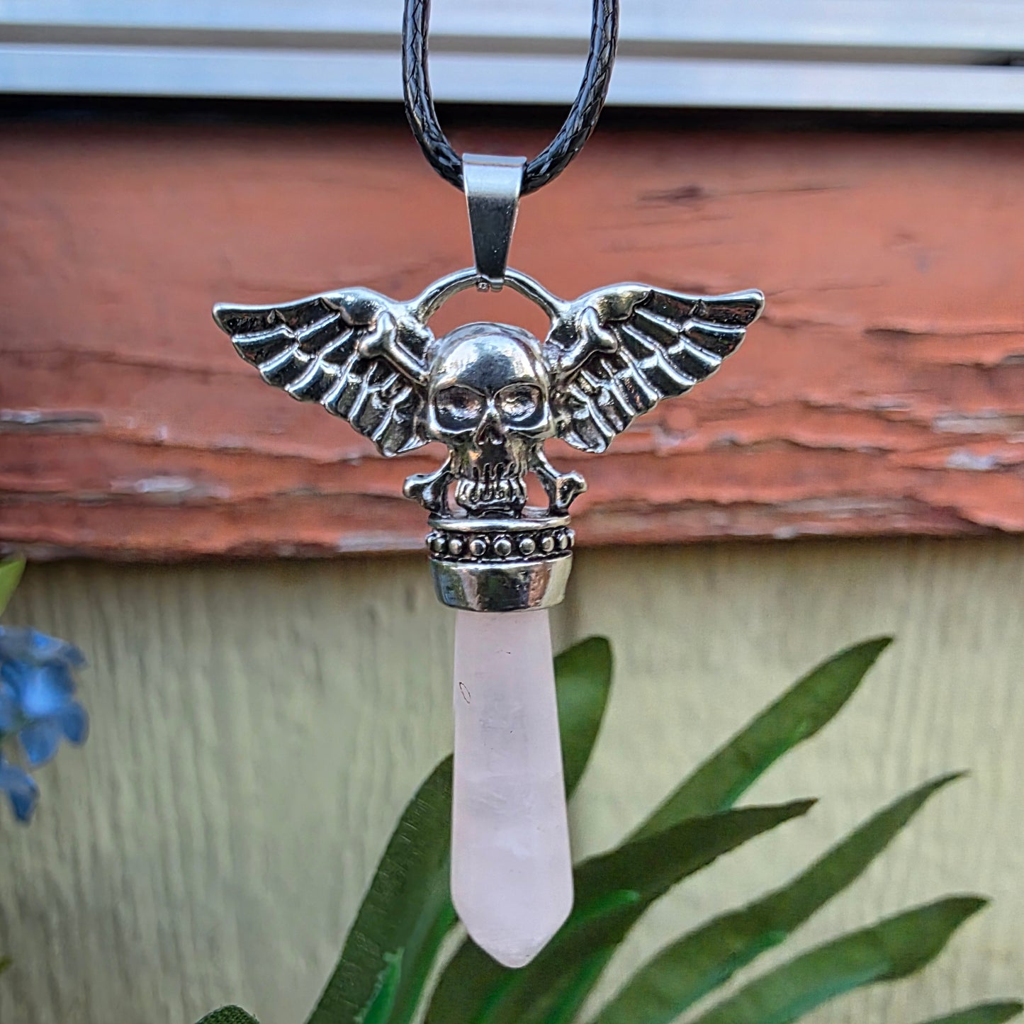 Rose Quartz Metal Winged Skull Necklace - Unisex Gemstone Crystal Pendant - Whimsical Gothic Style Jewelry