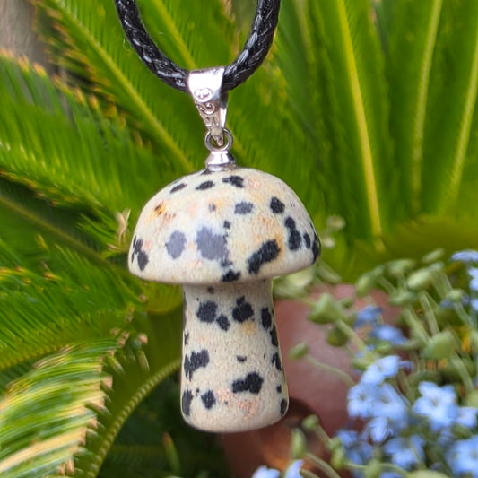 Dalmatian Jasper Mushroom Necklace - Gemstone Carved Rock Pendant - Whimsical Cottagecore Style Jewelry