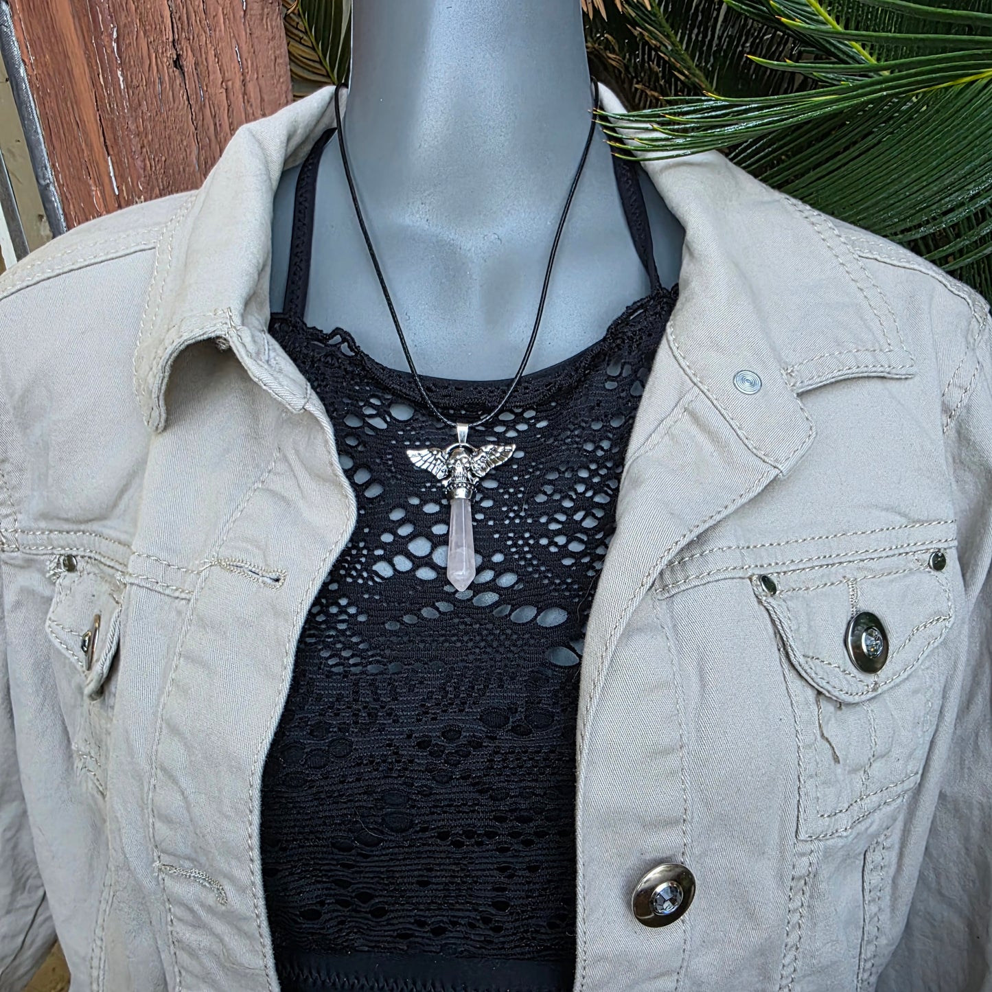 Rose Quartz Metal Winged Skull Necklace - Unisex Gemstone Crystal Pendant - Whimsical Gothic Style Jewelry