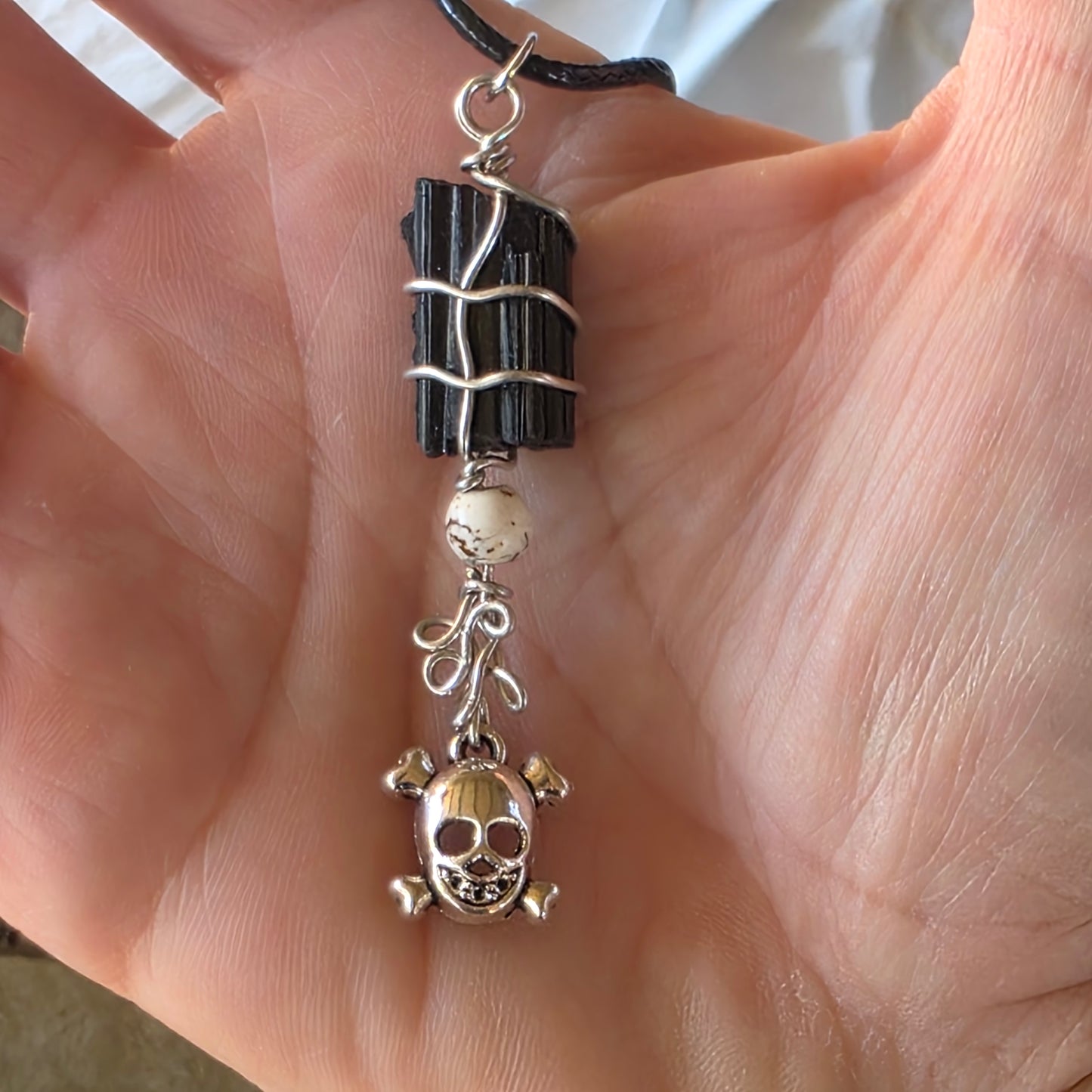 Raw Black Tourmaline Necklace with Skull Charm: Wire Wrapped Schorl Goth Emo Pendant
