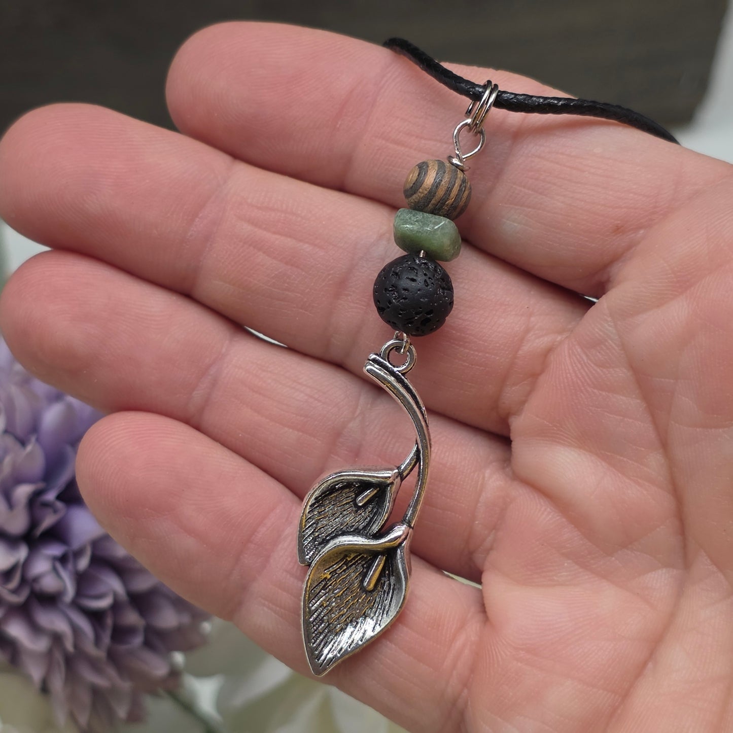 Plant Necklace | Metal Leaf Charm Pendant with Beads | Adventure Jewelry for Nature Lovers