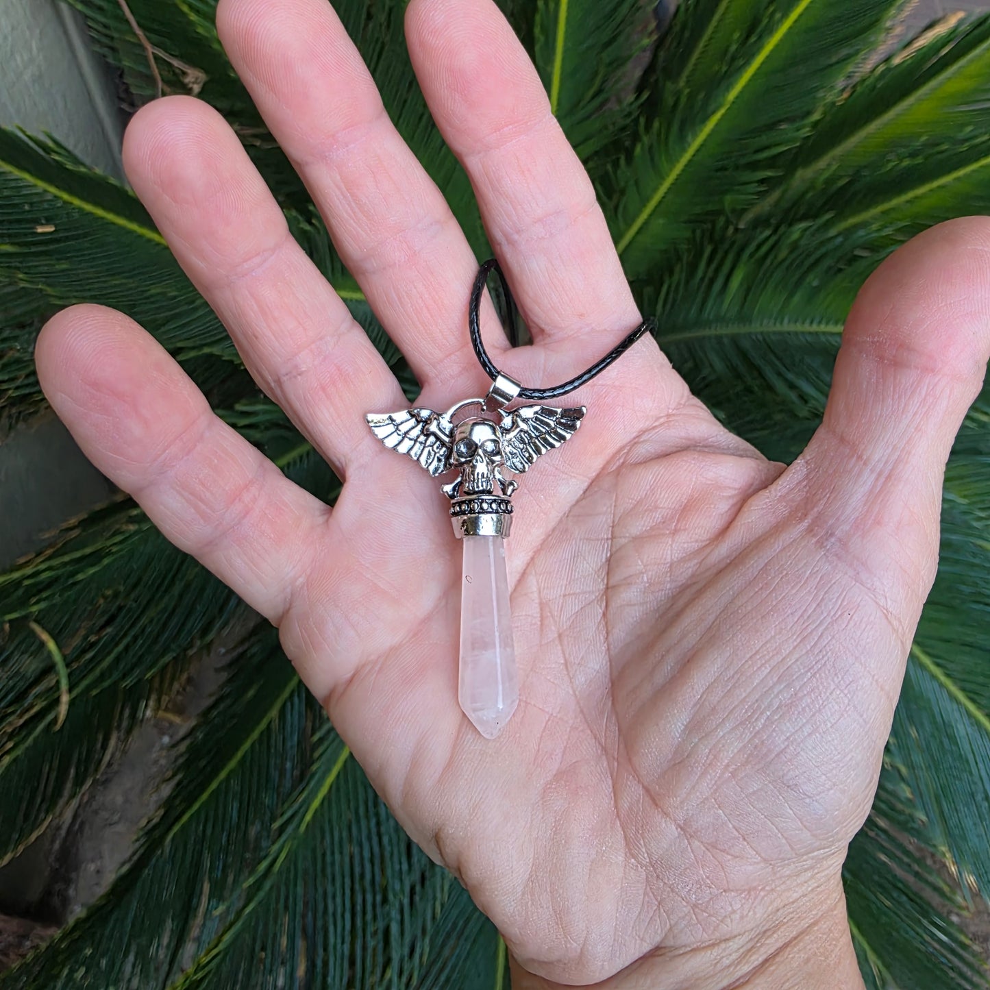 Rose Quartz Metal Winged Skull Necklace - Unisex Gemstone Crystal Pendant - Whimsical Gothic Style Jewelry
