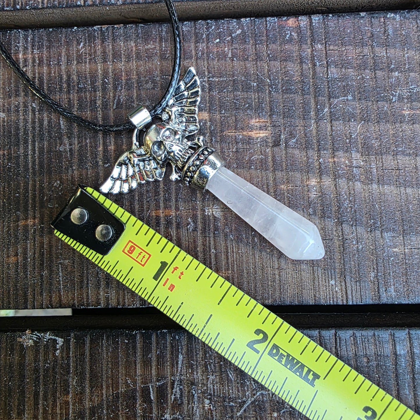 Rose Quartz Metal Winged Skull Necklace - Unisex Gemstone Crystal Pendant - Whimsical Gothic Style Jewelry