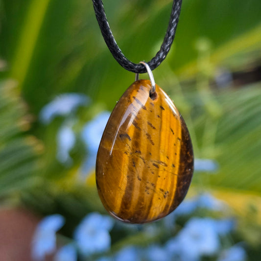 Tiger's Eye Rock Necklace, Shiny Teardrop Shaped Crystal Pendant, Carved Gemstone Gift