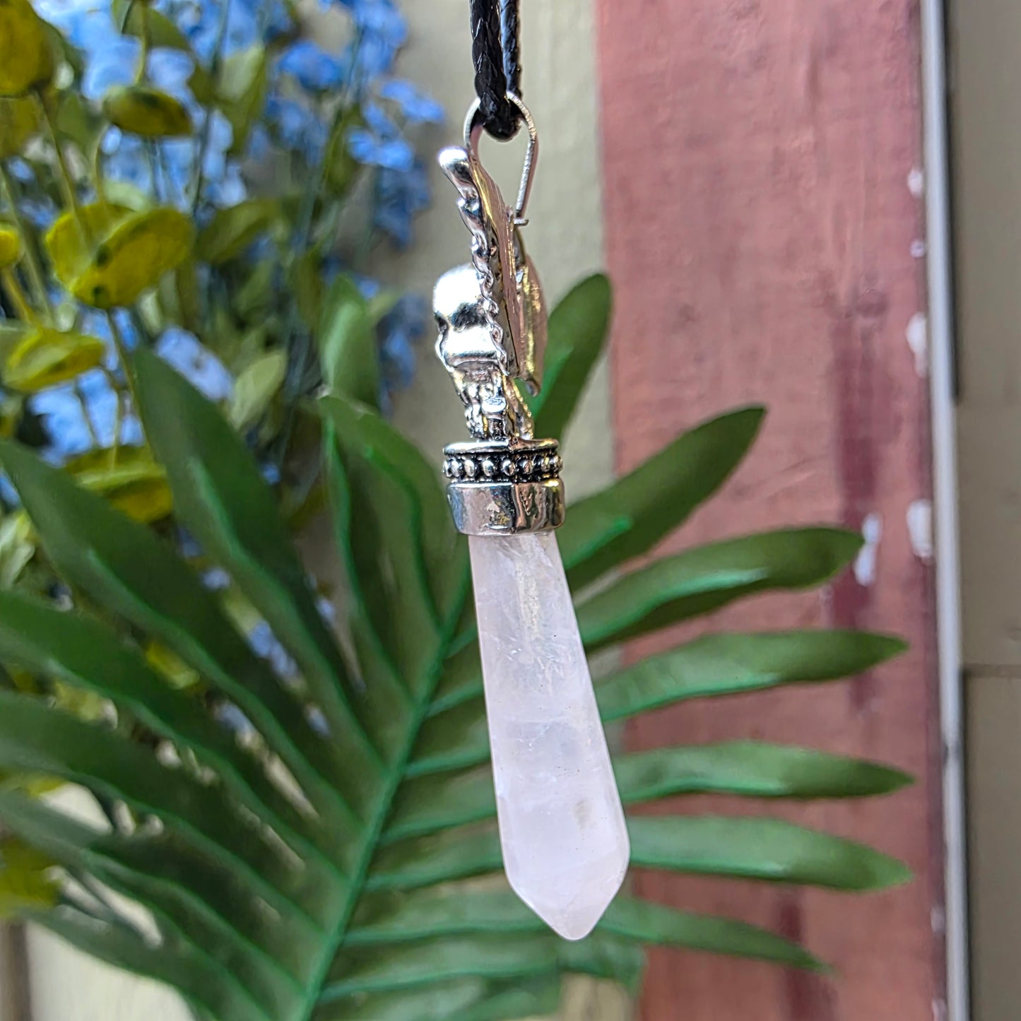 Rose Quartz Metal Winged Skull Necklace - Unisex Gemstone Crystal Pendant - Whimsical Gothic Style Jewelry