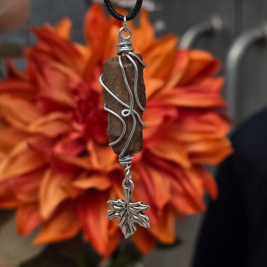 Wire Wrapped Petrified Wood Pendant with Metal Leaf Charm | Unisex Necklace | Nature Lover Gift
