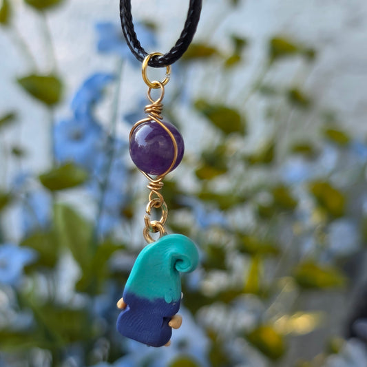 Cute Gnome Necklace with Amethyst Orb, Wire Wrapped Pendant with Black Cord, Cottagecore Jewelry