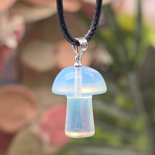 Opalite Mushroom Necklace - Unisex Gemstone Glass Pendant - Whimsical Cottagecore Style Jewelry