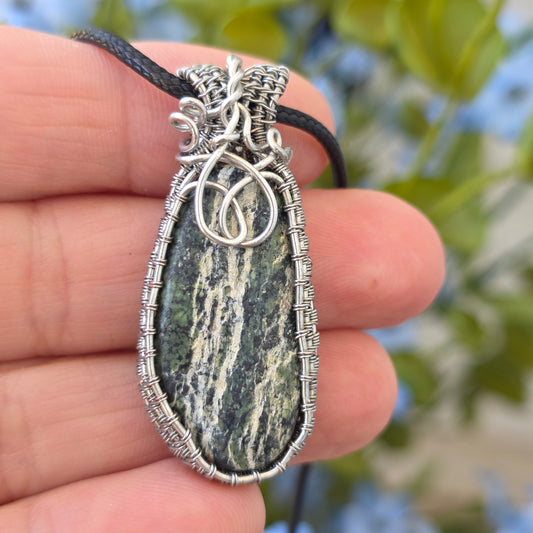 Serpentine Rock Necklace | Wire Wrapped Stone Pendant | Nature Themed Unique Handmade Jewelry