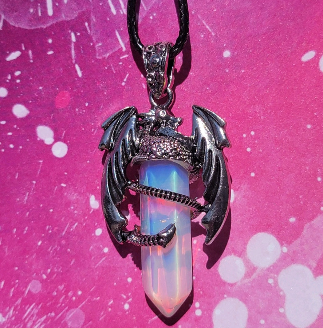 Opalite Dragon Necklace - Unisex Gemstone Glass Pendant - Whimsical Gothic Style Jewelry