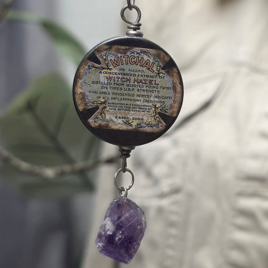 Vintage Style Locket Amethyst Necklace: Witch Hazel Label Tin Cottagecore Pendant Secret Compartment