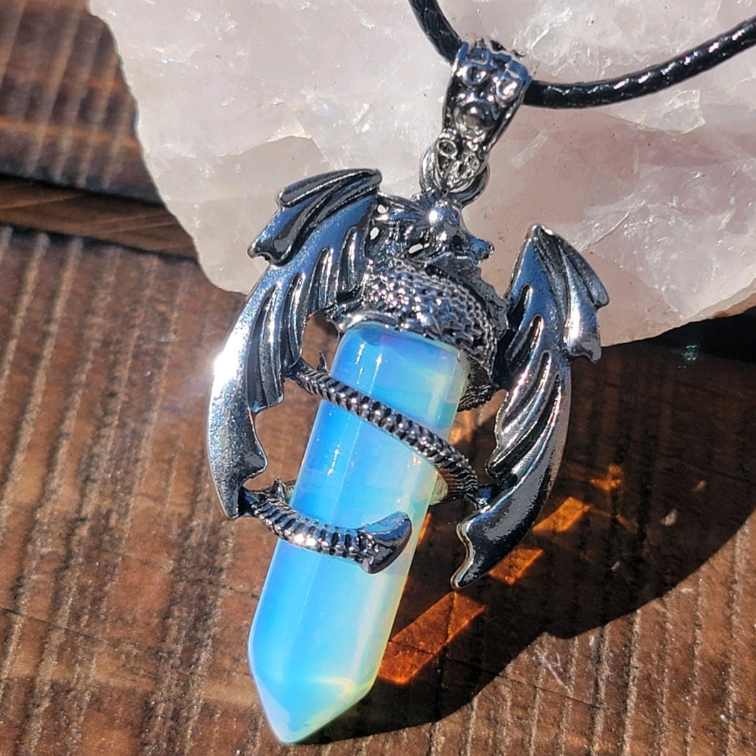 Opalite Dragon Necklace - Unisex Gemstone Glass Pendant - Whimsical Gothic Style Jewelry