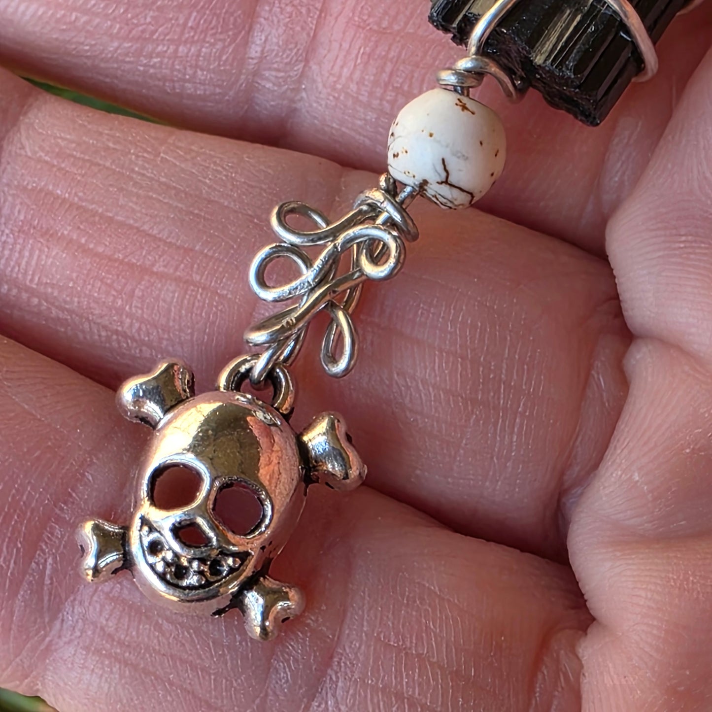 Raw Black Tourmaline Necklace with Skull Charm: Wire Wrapped Schorl Goth Emo Pendant