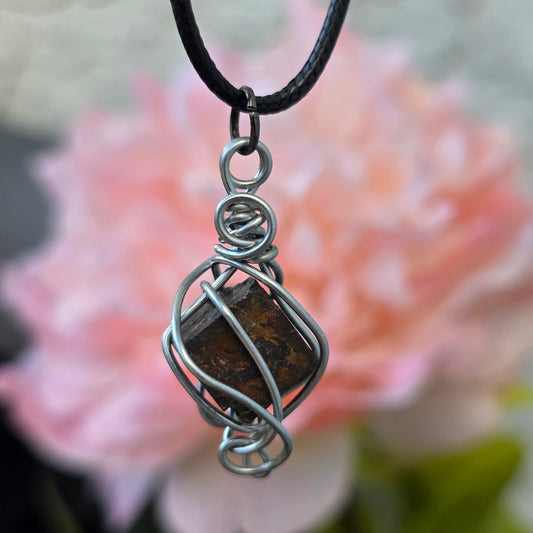 Limonite after Pyrite Necklace, Raw Stone Wire Wrapped Pendant with Black Cord, Pseudomorph Mineral Jewelry