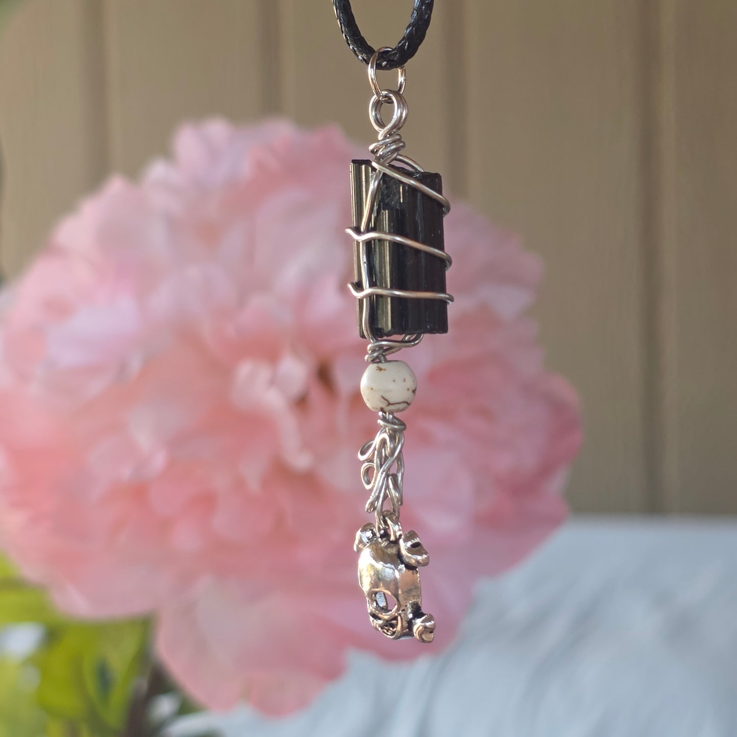 Raw Black Tourmaline Necklace with Skull Charm: Wire Wrapped Schorl Goth Emo Pendant