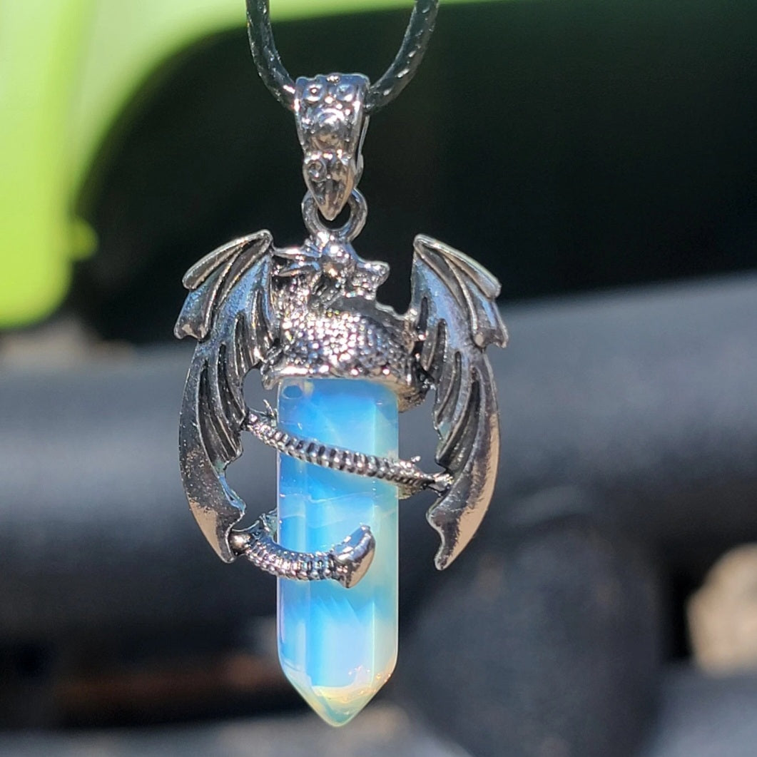 Opalite Dragon Necklace - Unisex Gemstone Glass Pendant - Whimsical Gothic Style Jewelry