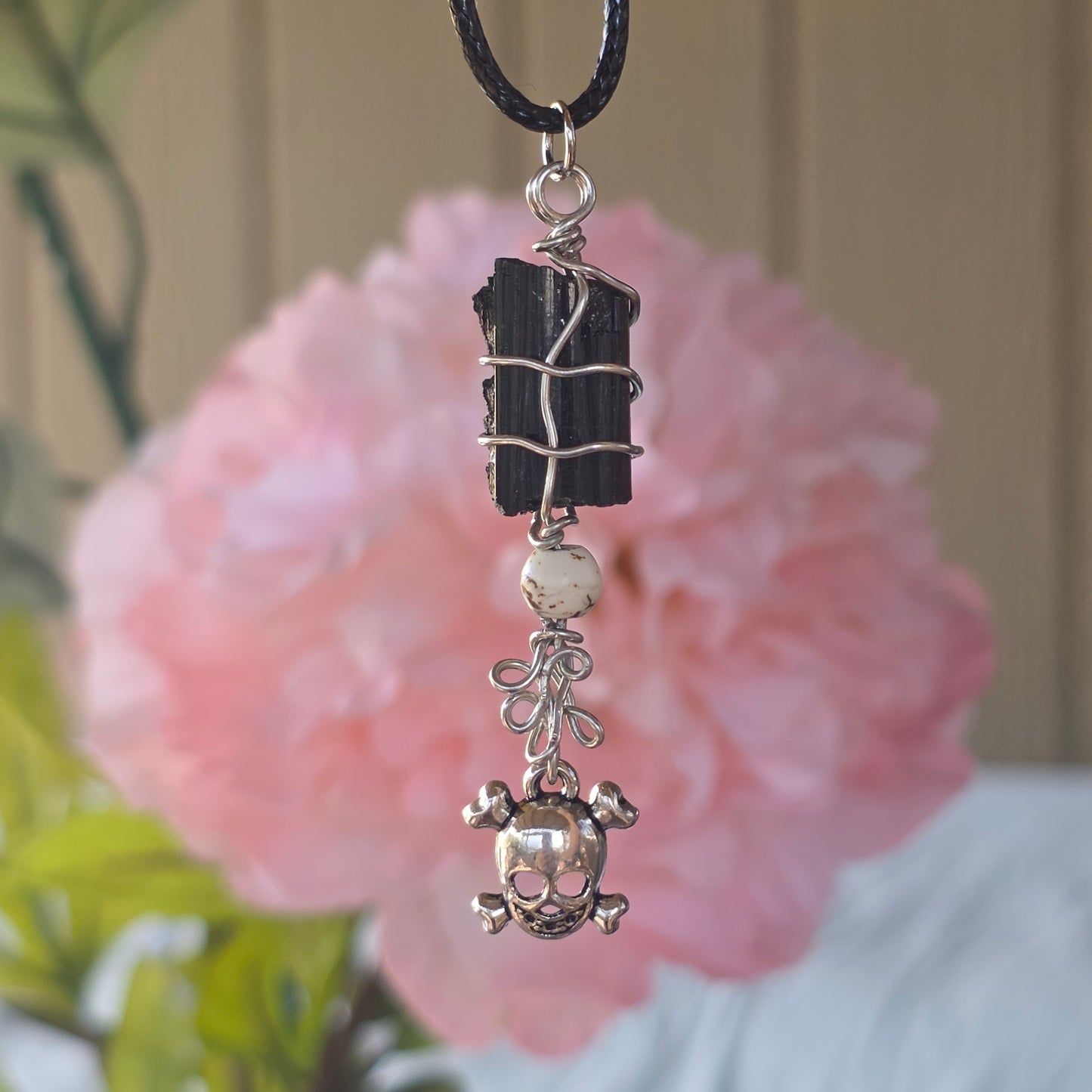 Raw Black Tourmaline Necklace with Skull Charm: Wire Wrapped Schorl Goth Emo Pendant