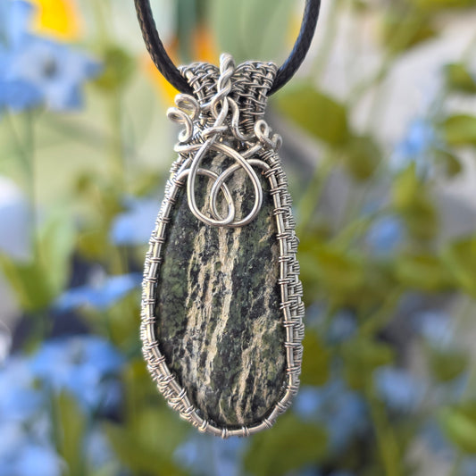 Serpentine Rock Necklace | Wire Wrapped Stone Pendant | Nature Themed Unique Handmade Jewelry