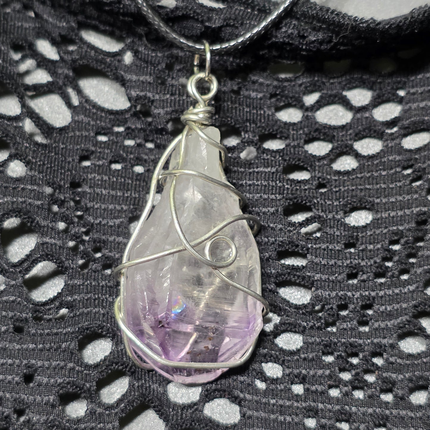 Amethyst Necklace, Crystal Stone Wire Wrapped Pendant with Black Cord, Rough Purple Quartz Rock Jewelry