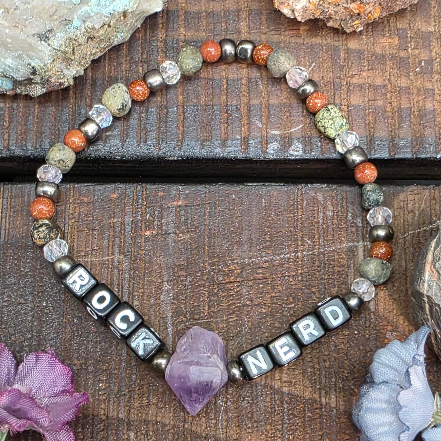Rock Nerd Statement Beaded Bracelet | Stretch Fit | Amethyst Jewelry