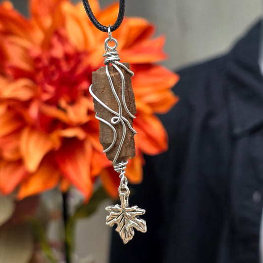 Wire Wrapped Petrified Wood Pendant with Metal Leaf Charm | Unisex Necklace | Nature Lover Gift