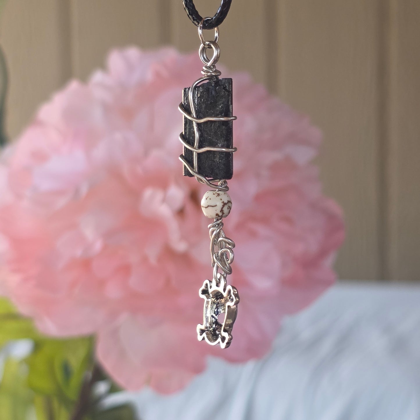 Raw Black Tourmaline Necklace with Skull Charm: Wire Wrapped Schorl Goth Emo Pendant